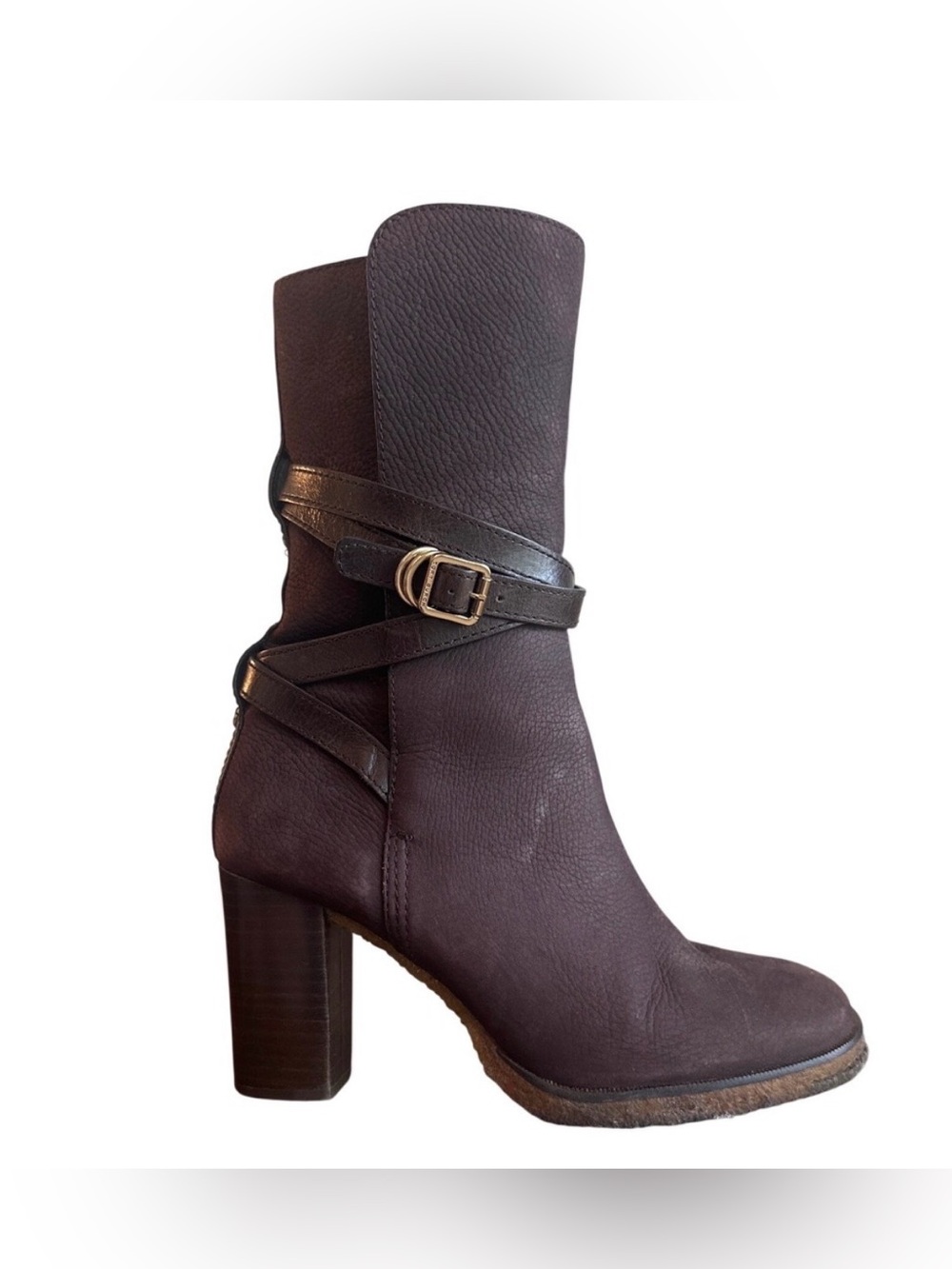 Tory Burch Brown Pebbled Leather Wrap Strap Heeled Ankle Boots Size 9